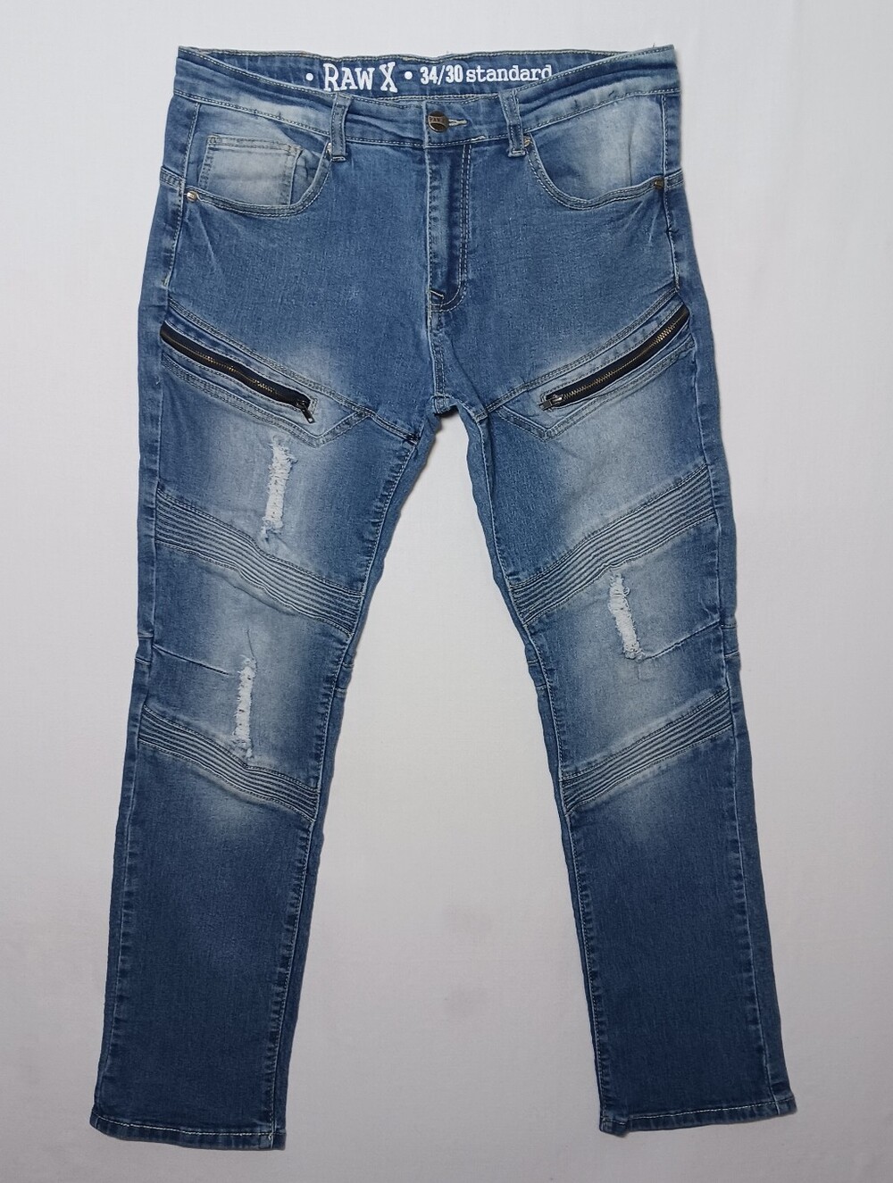 Raw X Mens Standard Fit Moto Jeans 34X29 Medium Blue Distressed Denim